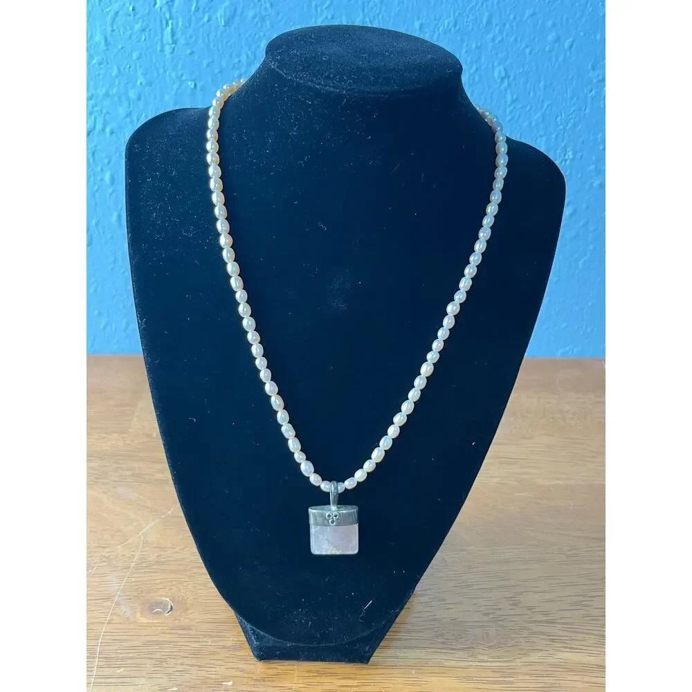 Sterling Silver 925 Rose Quartz Pendant Necklace Pink Freshwater Pearls Artisan